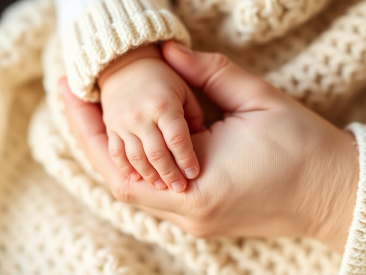 En nyfødt babyhånd hviler i en voksen hånd, mykt strikkepledd rundt